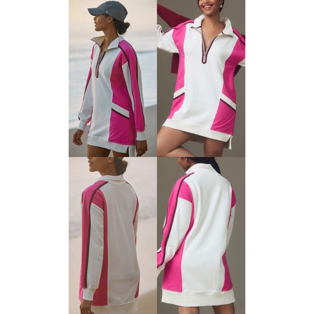 Daily Practice by Anthropologie Colorblock Qtr-Zip Pullover Dress Pink‎ White L